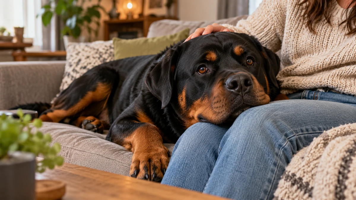 Rottweiler köpek — sahibinin kucağında