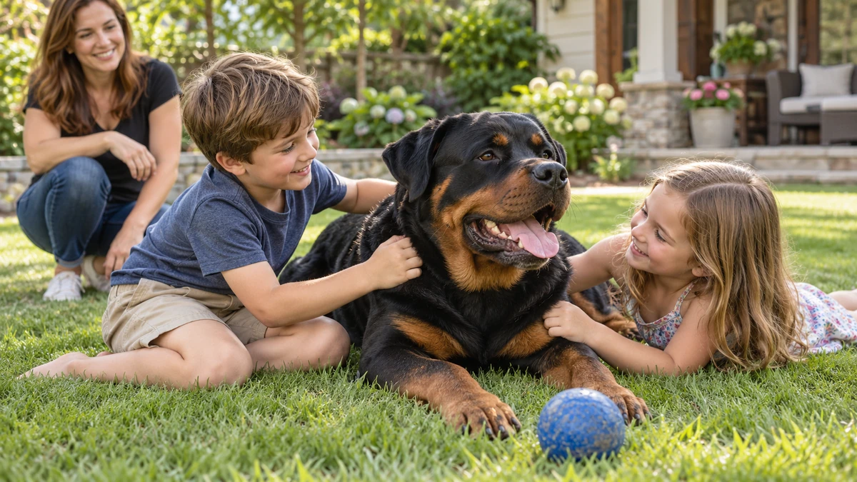 Rottweiler köpek — çocuklarla oyun