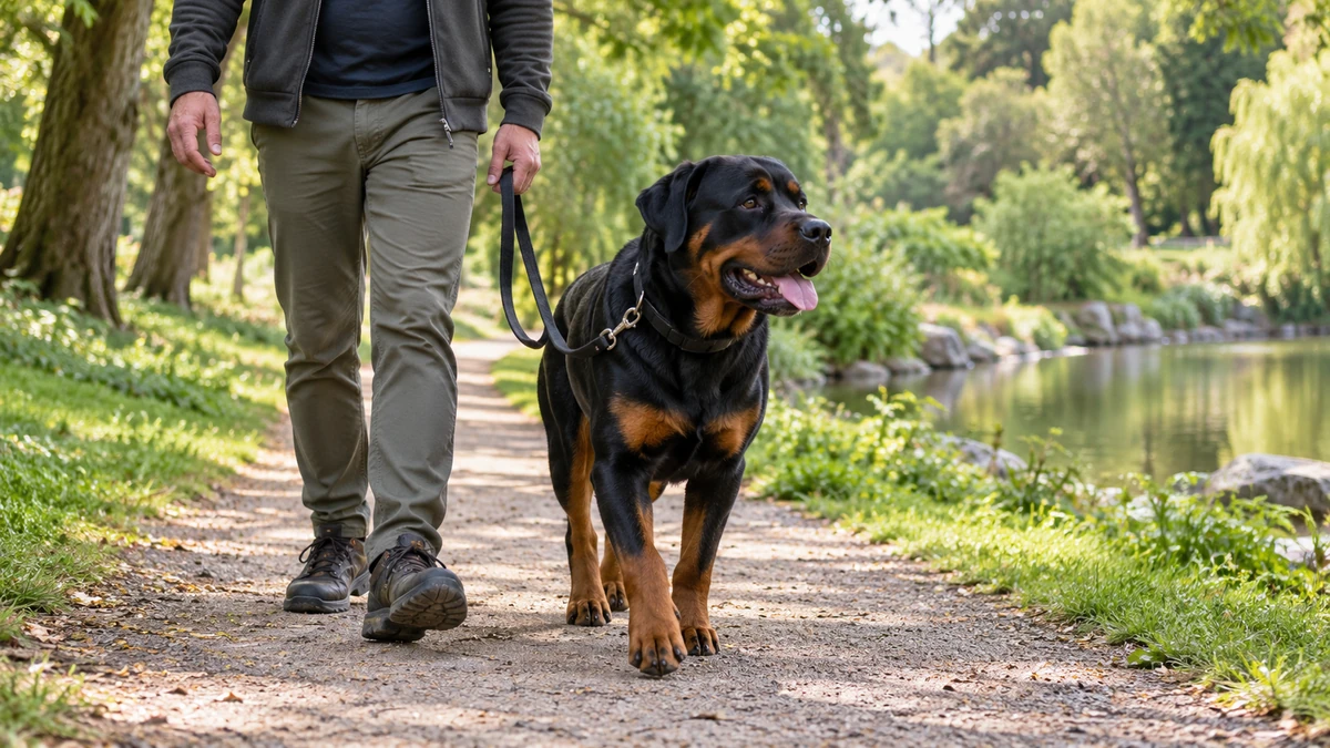 Rottweiler köpek — parkta yürüyüş ve egzersiz